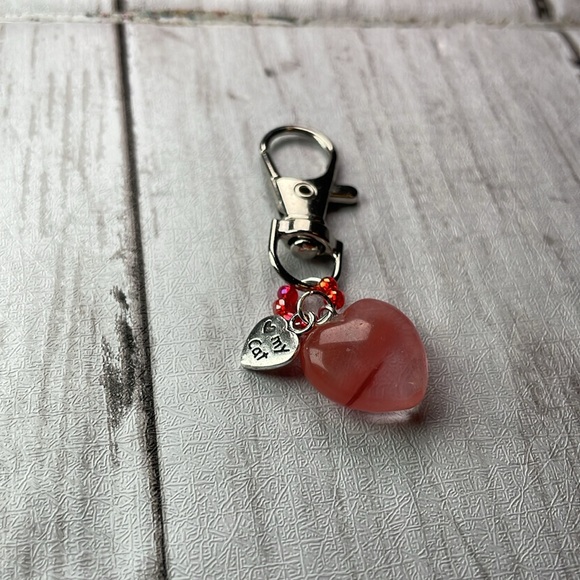 Natural Strawberry Quartz Crystal Charm With Love My Cat Charm Keychain - Picture 4 of 15